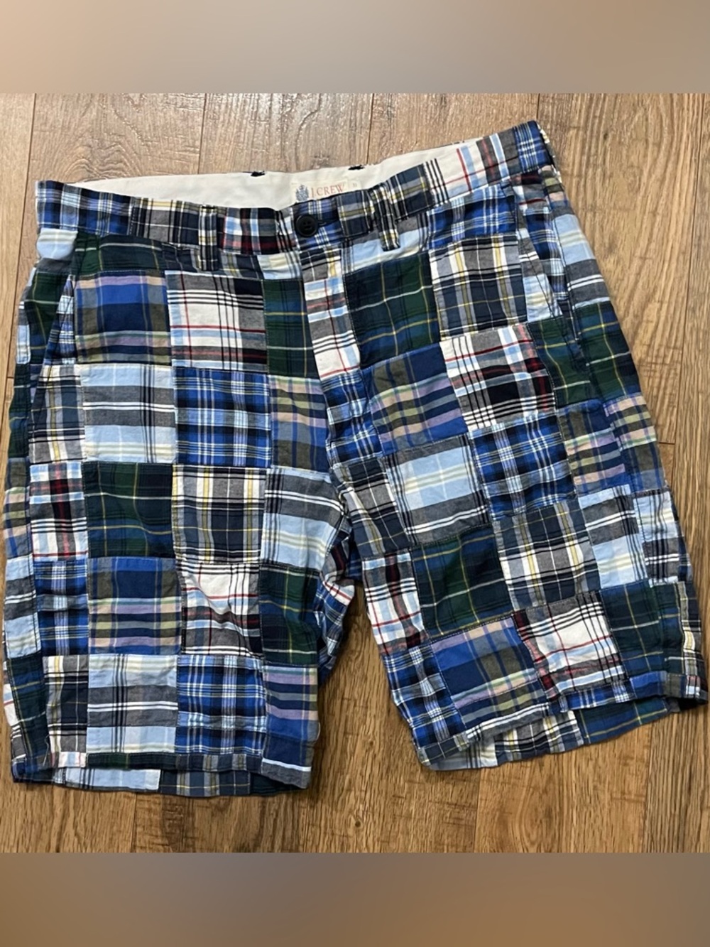 J. Crew Men’s Patchwork Plaid Shorts - Blue & Green Multi 31 9”